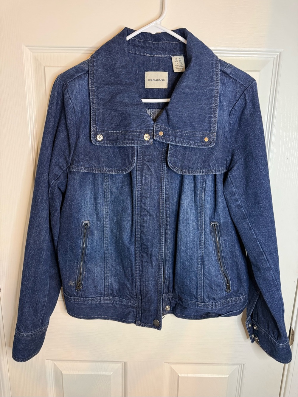 Dkny Dark Blue Denim Jacket with Snap Collar